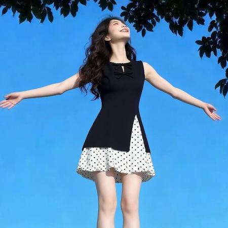 BY23935# 官网图夏季新款高级感法式收腰设计感黑色假两件无袖连衣裙女  服裝批發女裝批發服飾貨源