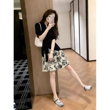 BY23936# 官网图夏季大码微胖新中式水墨画拼接连衣裙收腰显瘦减龄裙子  服裝批發女裝批發服飾貨源