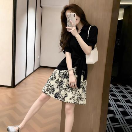 BY23936# 官网图夏季大码微胖新中式水墨画拼接连衣裙收腰显瘦减龄裙子  服裝批發女裝批發服飾貨源