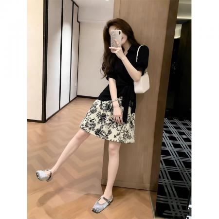 BY23936# 官网图夏季大码微胖新中式水墨画拼接连衣裙收腰显瘦减龄裙子  服裝批發女裝批發服飾貨源