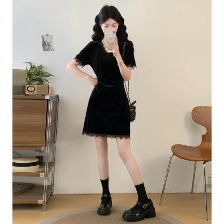 BY23937# 大码女装蕾丝拼接短袖连衣裙女夏季黑色收腰显瘦裙子  服裝批發女裝批發服飾貨源