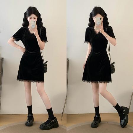 BY23937# 大码女装蕾丝拼接短袖连衣裙女夏季黑色收腰显瘦裙子  服裝批發女裝批發服飾貨源