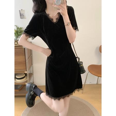 BY23937# 大码女装蕾丝拼接短袖连衣裙女夏季黑色收腰显瘦裙子  服裝批發女裝批發服飾貨源