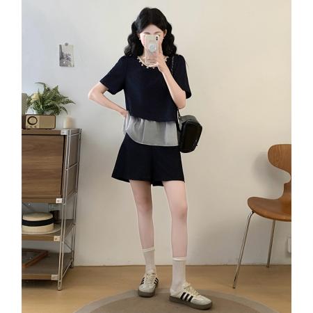 BY23938# 大码女装夏季网纱拼接钉珠上衣套装女胖mm短袖短裤两件套  服裝批發女裝批發服飾貨源