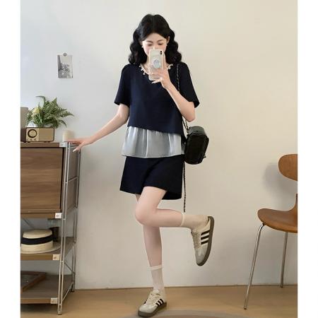 BY23938# 大码女装夏季网纱拼接钉珠上衣套装女胖mm短袖短裤两件套  服裝批發女裝批發服飾貨源