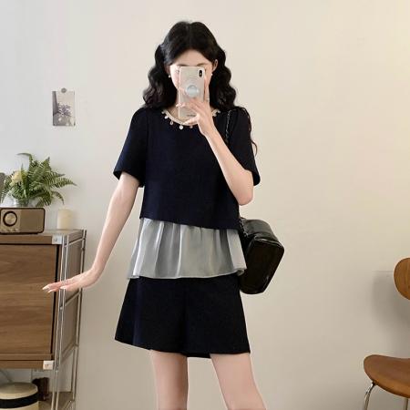 BY23938# 大码女装夏季网纱拼接钉珠上衣套装女胖mm短袖短裤两件套  服裝批發女裝批發服飾貨源