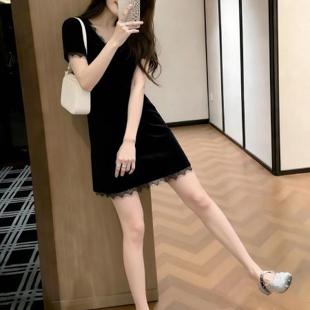 BY23939# 官网大码女装蕾丝拼接短袖连衣裙女夏季黑色收腰显瘦裙子  服裝批發女裝批發服飾貨源