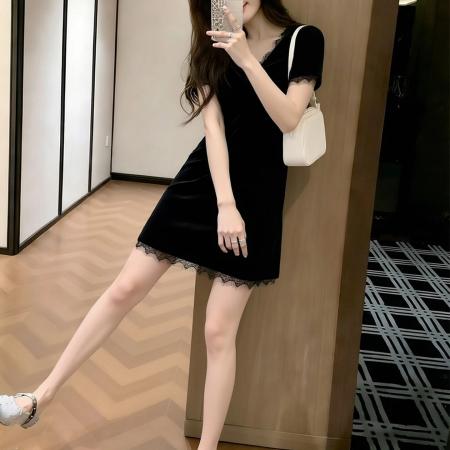 BY23939# 官网大码女装蕾丝拼接短袖连衣裙女夏季黑色收腰显瘦裙子  服裝批發女裝批發服飾貨源
