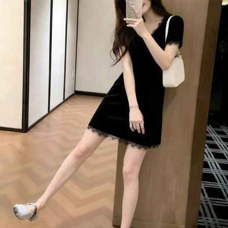 BY23939# 官网大码女装蕾丝拼接短袖连衣裙女夏季黑色收腰显瘦裙子  服裝批發女裝批發服飾貨源
