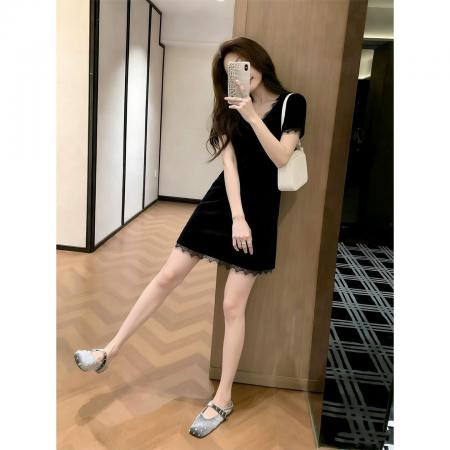 BY23939# 官网大码女装蕾丝拼接短袖连衣裙女夏季黑色收腰显瘦裙子  服裝批發女裝批發服飾貨源