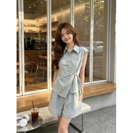 BY23944# 专柜品质超火不撞款套装夏新款系带收腰无袖衬衫短裤两件套  服裝批發女裝批發服飾貨源