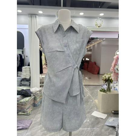 BY23944# 专柜品质超火不撞款套装夏新款系带收腰无袖衬衫短裤两件套  服裝批發女裝批發服飾貨源