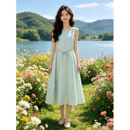 BY23945# 专柜品质收腰无袖连衣裙女夏季新款设计韩系甜妹巨好看长裙  服裝批發女裝批發服飾貨源