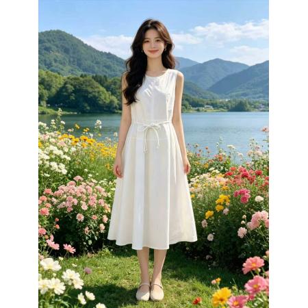 BY23945# 专柜品质收腰无袖连衣裙女夏季新款设计韩系甜妹巨好看长裙  服裝批發女裝批發服飾貨源