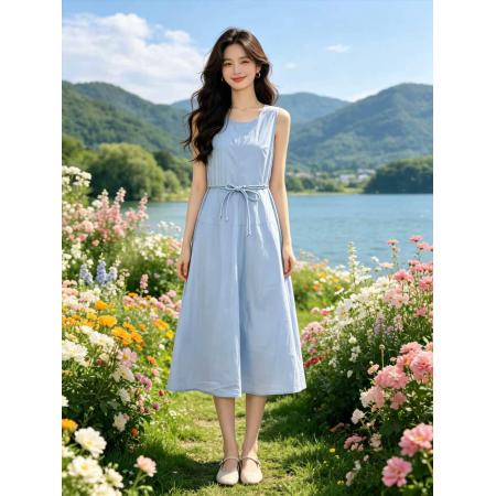 BY23945# 专柜品质收腰无袖连衣裙女夏季新款设计韩系甜妹巨好看长裙  服裝批發女裝批發服飾貨源