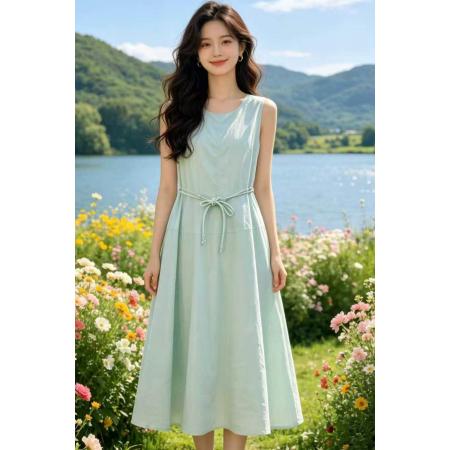 BY23945# 专柜品质收腰无袖连衣裙女夏季新款设计韩系甜妹巨好看长裙  服裝批發女裝批發服飾貨源