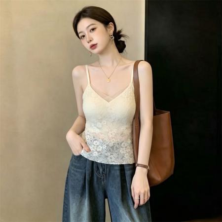 法式胖MM蕾丝美背春夏吊带背心带胸垫一体内搭外穿打底衫  服裝批發女裝批發服飾貨源