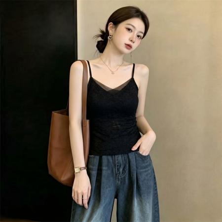 BY23947# 法式胖MM蕾丝美背春夏吊带背心带胸垫一体内搭外穿打底衫  服裝批發女裝批發服飾貨源