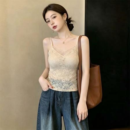 BY23947# 法式胖MM蕾丝美背春夏吊带背心带胸垫一体内搭外穿打底衫  服裝批發女裝批發服飾貨源