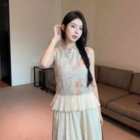 BY23951# 小个子新中式提花花苞无袖衬衫夏季温柔风轻奢国风上衣  服裝批發女裝批發服飾貨源