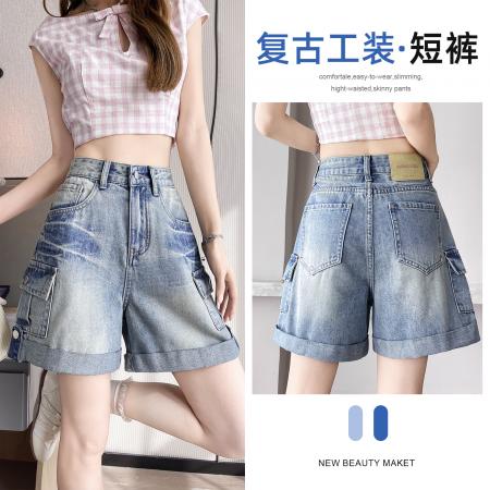 BY23952# 工装牛仔短裤女夏季新多口袋卷边设计感宽松显瘦A字热裤  服裝批發女裝批發服飾貨源