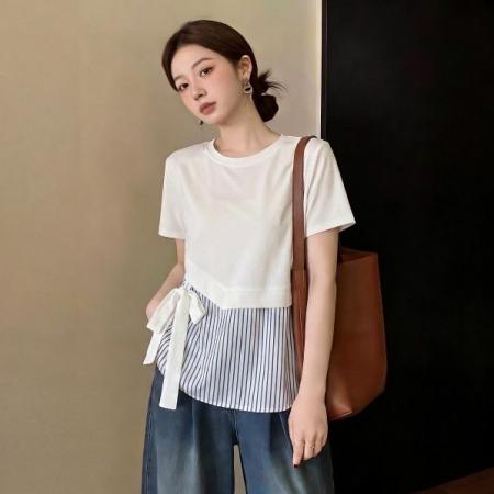 BY23958# 卡其色条纹拼...