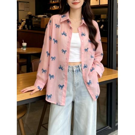 时尚复古印花长袖衬衫女春夏新款设计感慵懒风宽松百搭防晒衫  服裝批發女裝批發服飾貨源