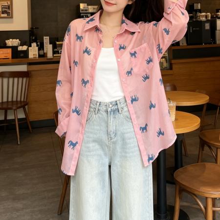 BY23961# 时尚复古印花长袖衬衫女春夏新款设计感慵懒风宽松百搭防晒衫  服裝批發女裝批發服飾貨源