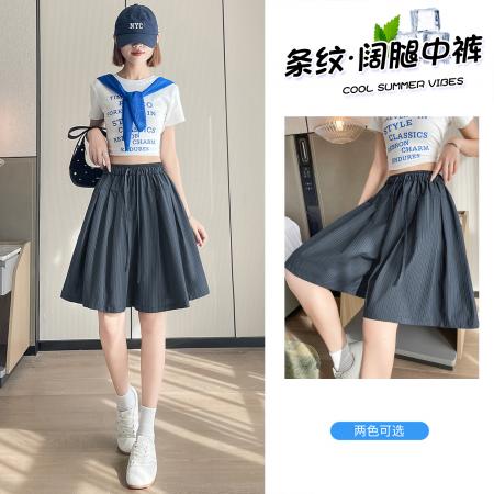 BY23962# 复古竖条纹短裤裙女夏季新款宽松休闲中裤阔腿减龄五分裤  服裝批發女裝批發服飾貨源