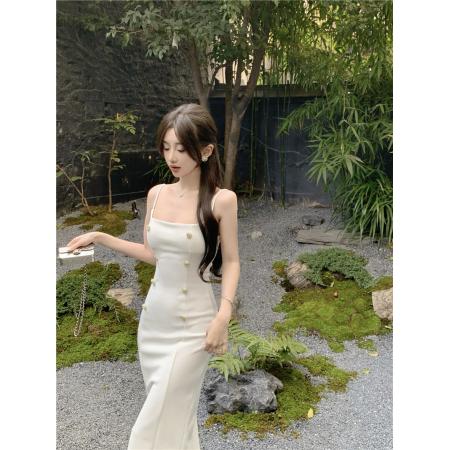 BY23976# 气质女人味裙子超修身显瘦双排扣吊带连衣裙中长款包臀裙  服裝批發女裝批發服飾貨源