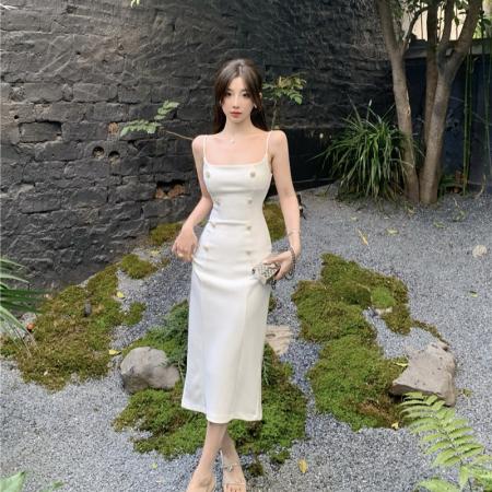 BY23976# 气质女人味裙子超修身显瘦双排扣吊带连衣裙中长款包臀裙  服裝批發女裝批發服飾貨源