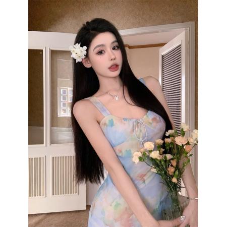 BY23981# 法式韩版碎花吊带收腰连衣裙女茶歇温柔风气质系带长裙子  服裝批發女裝批發服飾貨源