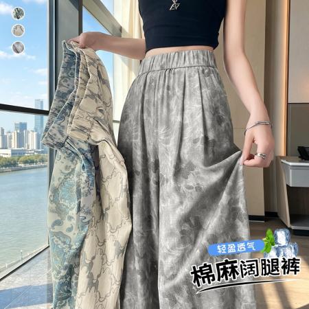BY23987# 冰丝复古棉麻印花阔腿裤女夏季宽松垂坠感亚麻显瘦休闲裤  服裝批發女裝批發服飾貨源