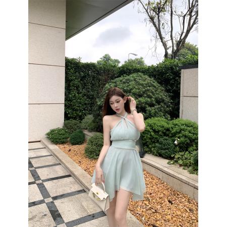 BY23989# 抹胸挂脖高腰显瘦重工钉钻不规则下摆连衣裙  服裝批發女裝批發服飾貨源
