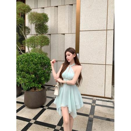 BY23989# 抹胸挂脖高腰显瘦重工钉钻不规则下摆连衣裙  服裝批發女裝批發服飾貨源