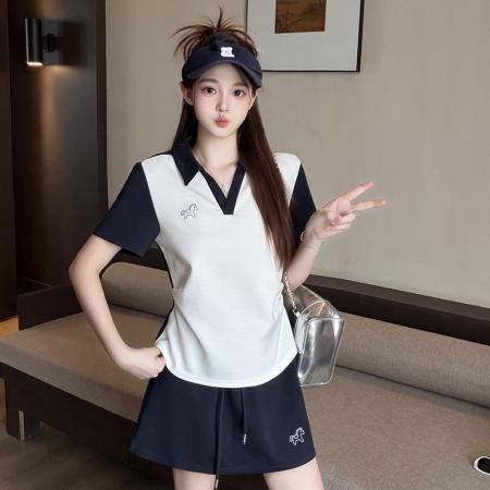 BY24009# 夏装新款胖mm大码女韩系撞色翻领掐腰短袖半身裙两件套  服裝批發女裝批發服飾貨源