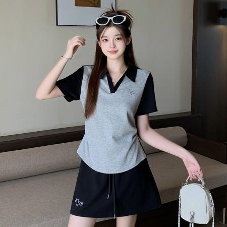 BY24009# 夏装新款胖mm大码女韩系撞色翻领掐腰短袖半身裙两件套  服裝批發女裝批發服飾貨源