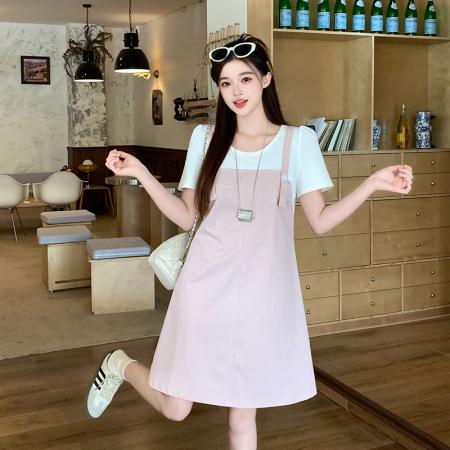 BY24010# 夏装新款胖mm大码女休闲撞色假两件叠穿背带裙连衣裙  服裝批發女裝批發服飾貨源
