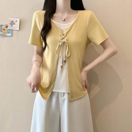 BY24011# 夏装新款胖mm大码女韩系休闲假两件绑带短袖撞色T恤  服裝批發女裝批發服飾貨源