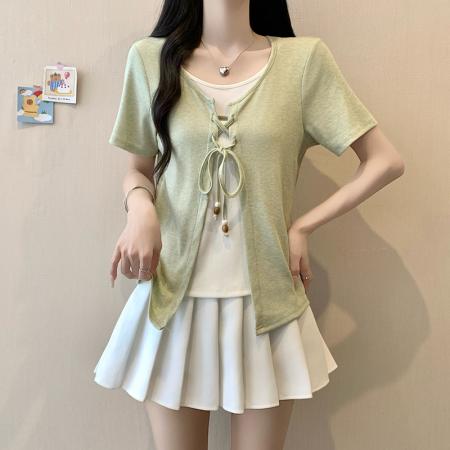 BY24011# 夏装新款胖mm大码女韩系休闲假两件绑带短袖撞色T恤  服裝批發女裝批發服飾貨源