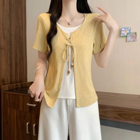 BY24011# 夏装新款胖mm大码女韩系休闲假两件绑带短袖撞色T恤  服裝批發女裝批發服飾貨源