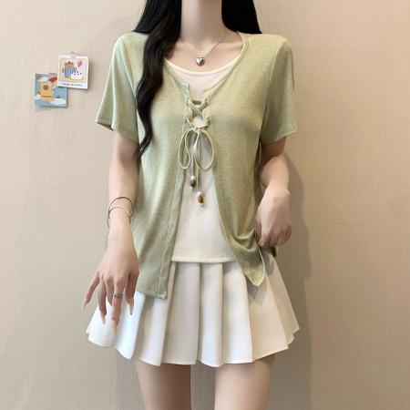 BY24011# 夏装新款胖mm大码女韩系休闲假两件绑带短袖撞色T恤  服裝批發女裝批發服飾貨源