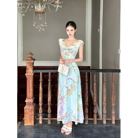 BY24020# 法式复古度假感碎花连衣裙女一字肩包臀裙  服裝批發女裝批發服飾貨源