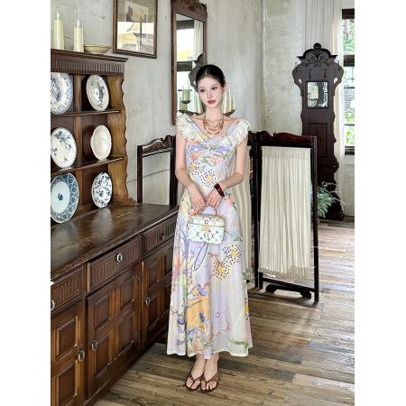 BY24020# 法式复古度假感碎花连衣裙女一字肩包臀裙  服裝批發女裝批發服飾貨源