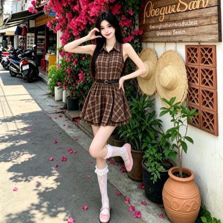 BY24021# ZY法式复古格纹无袖连衣裙女收腰显瘦辣妹风衬衫裙小个子短裙  服裝批發女裝批發服飾貨源