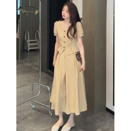 BY24023# 千金感小众气质时尚套装夏季新款小香风方领上衣大摆半裙女装  服裝批發女裝批發服飾貨源