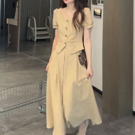 BY24023# 千金感小众气质时尚套装夏季新款小香风方领上衣大摆半裙女装  服裝批發女裝批發服飾貨源