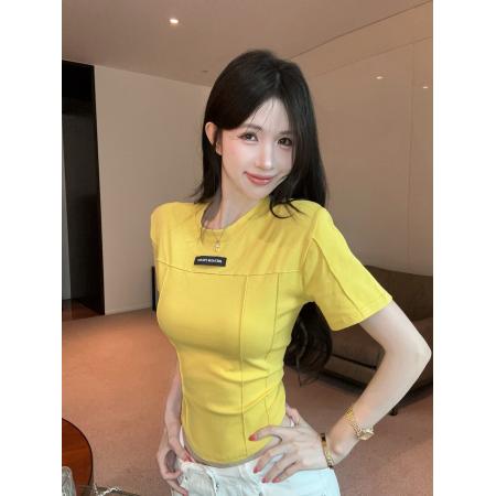 BY24040# 设计感鱼骨线垫肩修身短袖圆领T恤女显瘦百搭上衣  服裝批發女裝批發服飾貨源