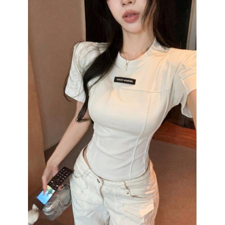 BY24040# 设计感鱼骨线垫肩修身短袖圆领T恤女显瘦百搭上衣  服裝批發女裝批發服飾貨源