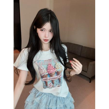 BY24042# 手工钉珠冰激凌印花短袖圆领T恤女蕾丝边短裙两件套装  服裝批發女裝批發服飾貨源